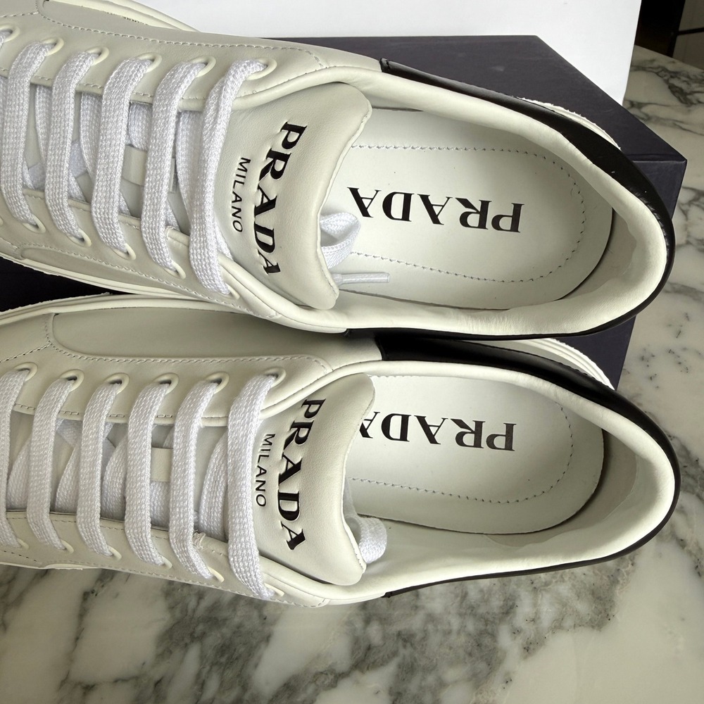 Prada 1E621M Womens Macro Logo White/Black Leather Low Top Sneakers shoes Eur 39 - Picture 10 of 11